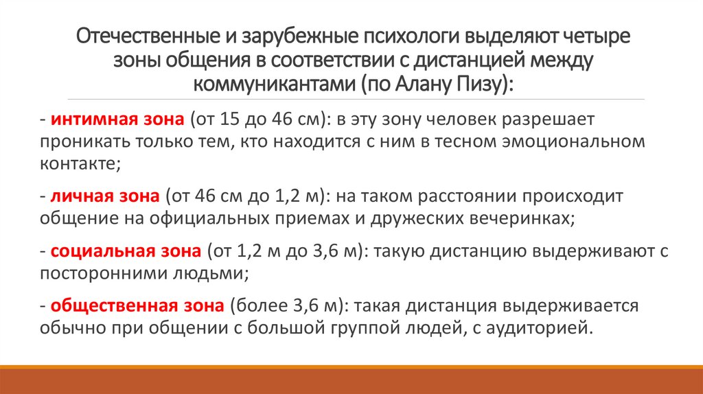 Отечественные и зарубежные психологи выделяют четыре зоны общения в соответствии с дистанцией между коммуникантами (по Алану