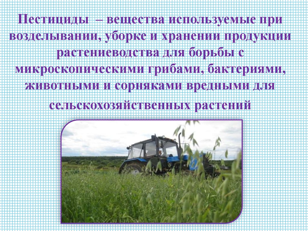 Пестициды – вещества используемые при возделывании, уборке и хранении продукции растениеводства для борьбы с микроскопическими