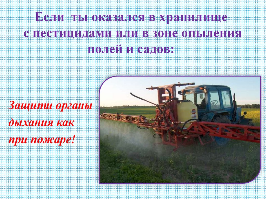 Если ты оказался в хранилище с пестицидами или в зоне опыления полей и садов: