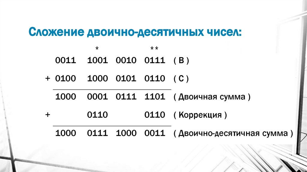 Сложение двоично-десятичных чисел: