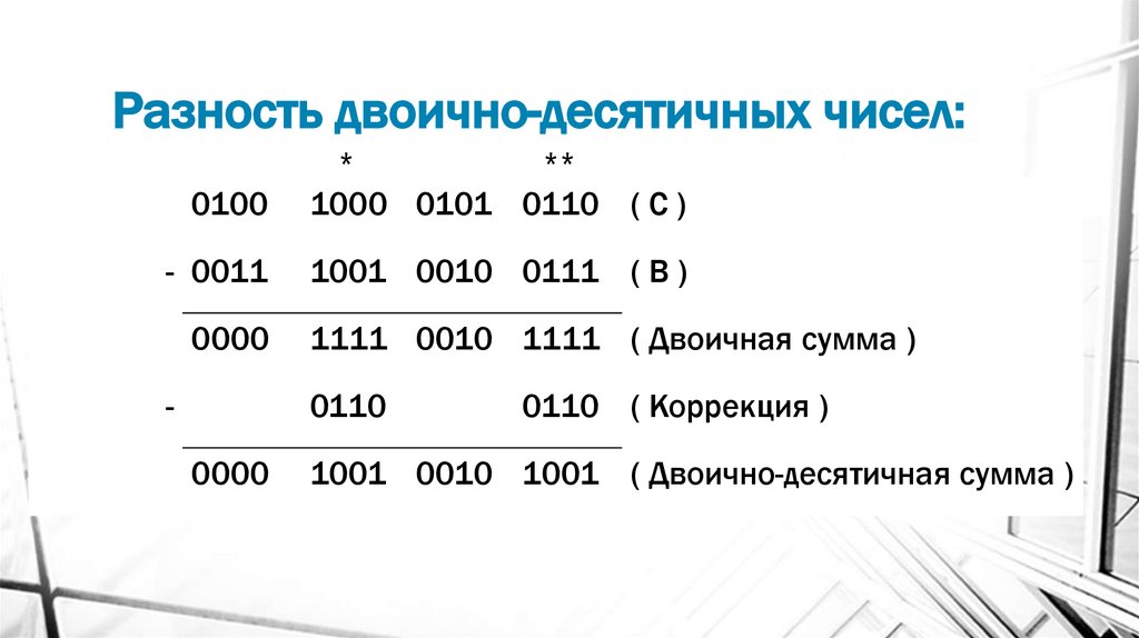 Разность двоично-десятичных чисел: