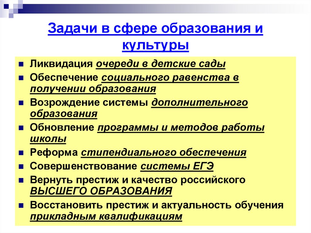 Задачи в сфере образования и культуры