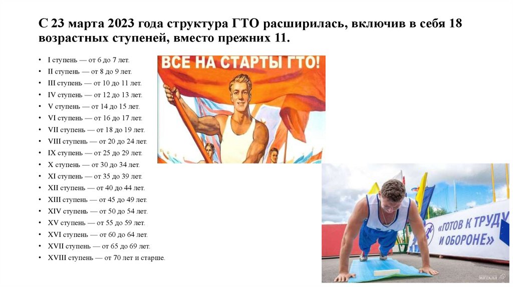 С 23 марта 2023 года структура ГТО расширилась, включив в себя 18 возрастных ступеней, вместо прежних 11.