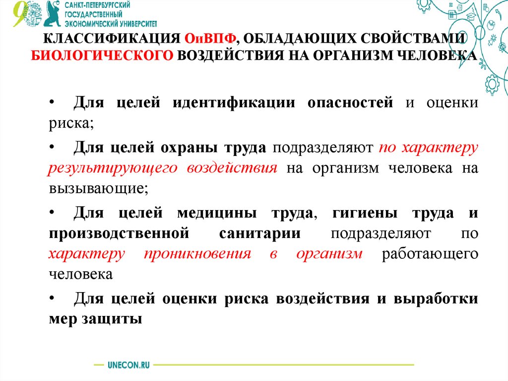 КЛАССИФИКАЦИЯ ОиВПФ, ОБЛАДАЮЩИХ СВОЙСТВАМИ БИОЛОГИЧЕСКОГО ВОЗДЕЙСТВИЯ НА ОРГАНИЗМ ЧЕЛОВЕКА