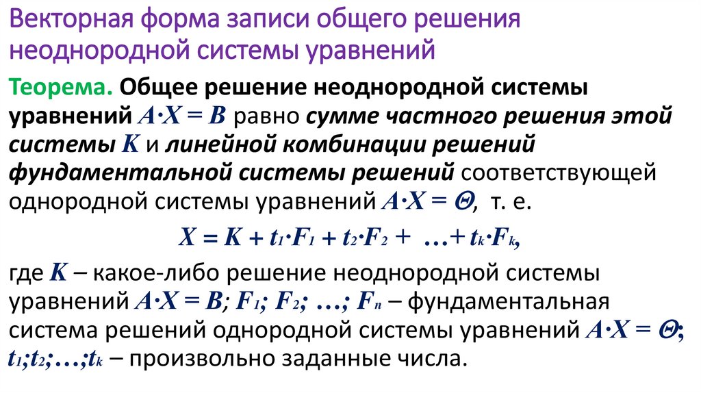 Векторная форма записи общего решения неоднородной системы уравнений