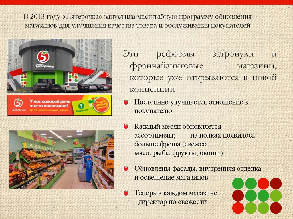 В 2013 году «Пятёрочка» запустила масштабную программу обновления магазинов для улучшения качества товара и обслуживания