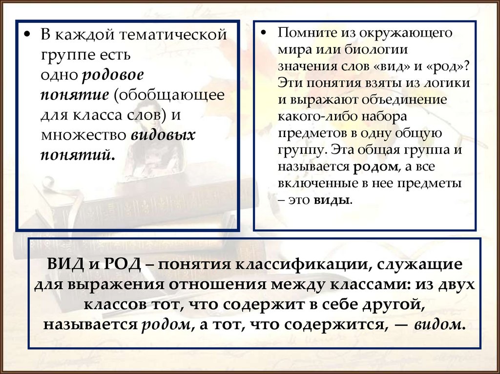 ВИД и РОД – понятия классификации, служащие для выражения отношения между классами: из двух классов тот, что содержит в себе