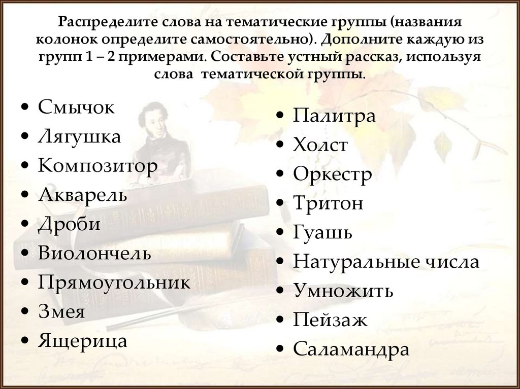 Распределите слова на тематические группы (названия колонок определите самостоятельно). Дополните каждую из групп 1 – 2