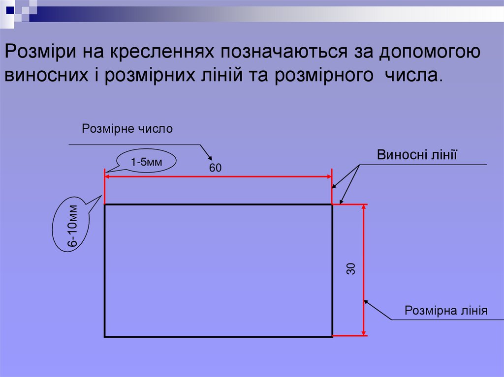 Розміри на кресленнях позначаються за допомогою виносних і розмірних ліній та розмірного числа.