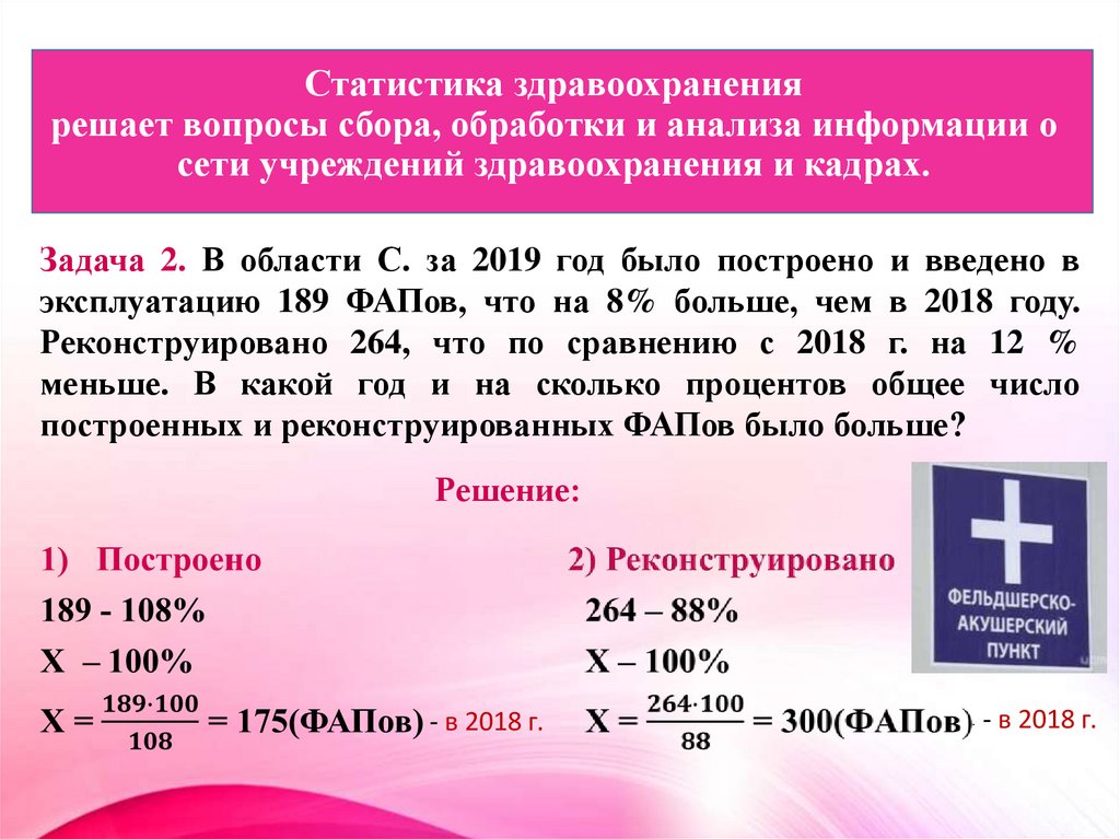 Статистика здравоохранения решает вопросы сбора, обработки и анализа информации о сети учреждений здравоохранения и кадрах.