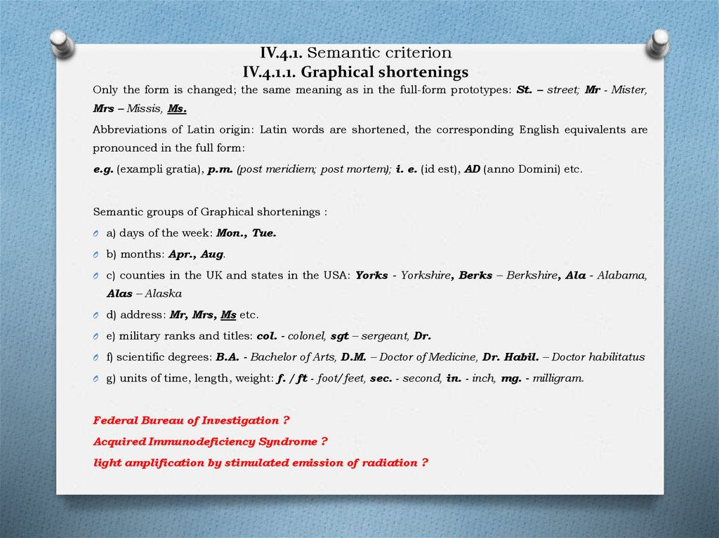 IV.4.1. Semantic criterion IV.4.1.1. Graphical shortenings
