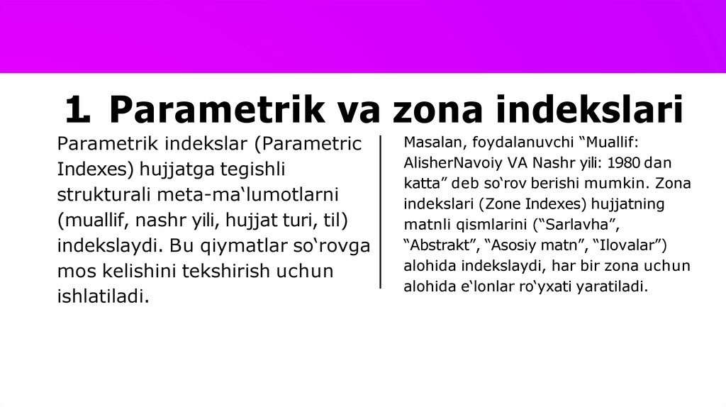 1. Parametrik va zona indekslari