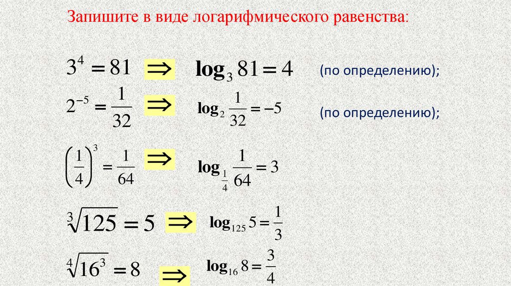 Запишите в виде логарифмического равенства: