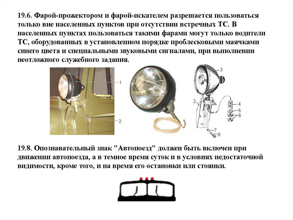 19.6. Фарой-прожектором и фарой-искателем разрешается пользоваться только вне населенных пунктов при отсутствии встречных ТС. В