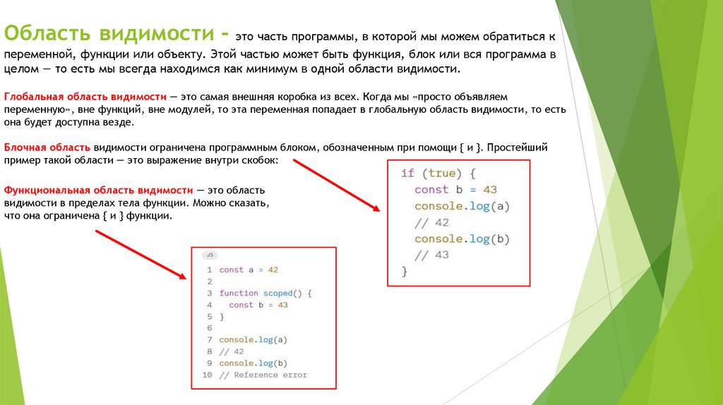 Область видимости - это часть программы, в которой мы можем обратиться к переменной, функции или объекту. Этой частью может