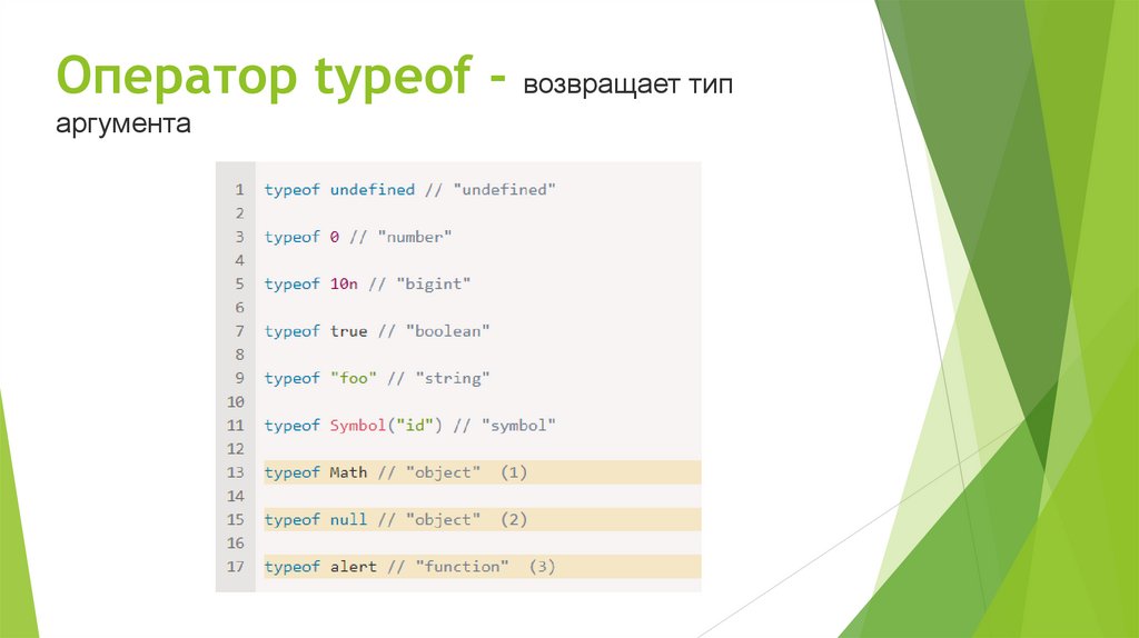 Оператор typeof - возвращает тип аргумента
