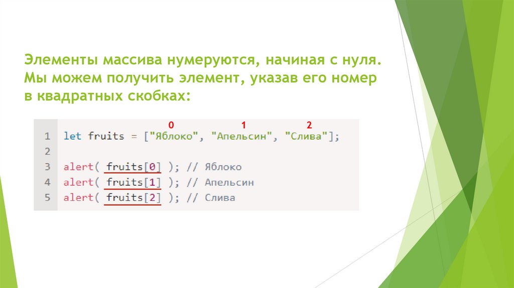 Элементы массива нумеруются, начиная с нуля. Мы можем получить элемент, указав его номер в квадратных скобках: