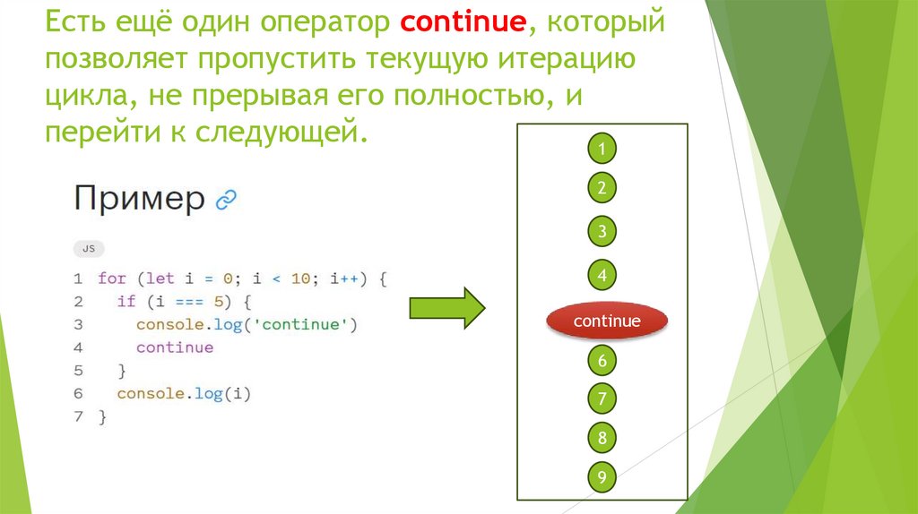 Есть ещё один оператор continue, который позволяет пропустить текущую итерацию цикла, не прерывая его полностью, и перейти к