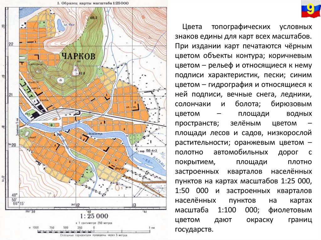 Цвета топографических условных знаков едины для карт всех масштабов. При издании карт печатаются чёрным цветом объекты контура;