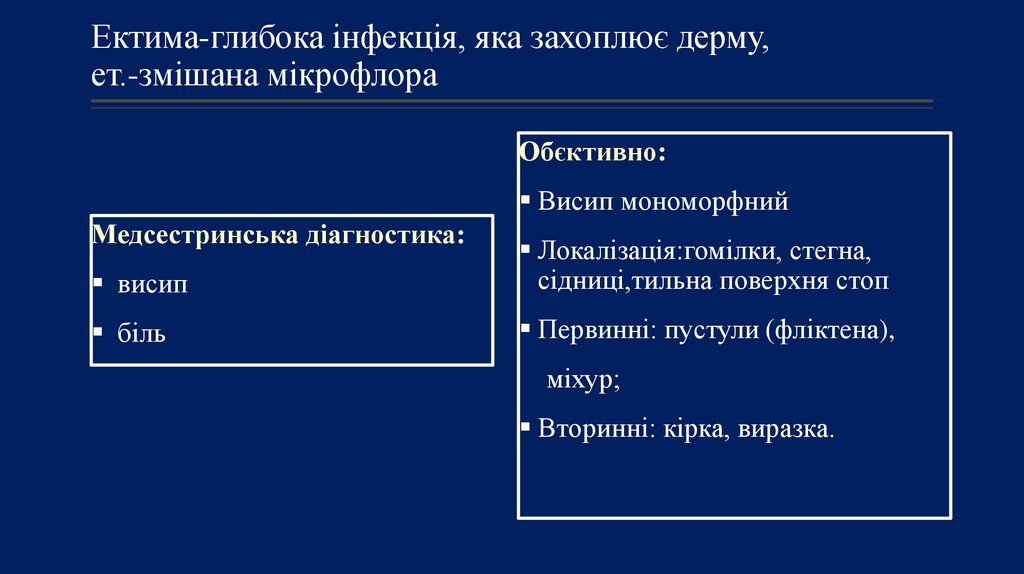 Ектима-глибока інфекція, яка захоплює дерму, ет.-змішана мікрофлора