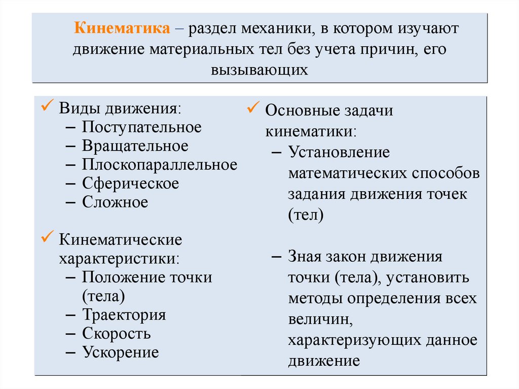 Кинематика – раздел механики, в котором изучают движение материальных тел без учета причин, его вызывающих