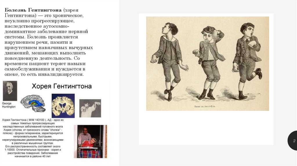 Болезнь Гентингтона (хорея Гентингтона) — это хроническое, неуклонно прогрессирующее, наследственное аутосомно-доминантное