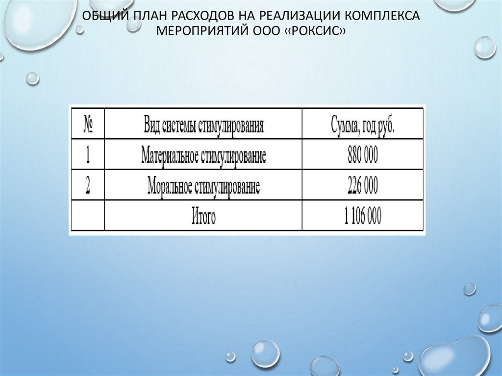 Общий план расходов на реализации комплекса мероприятий ООО «Роксис»