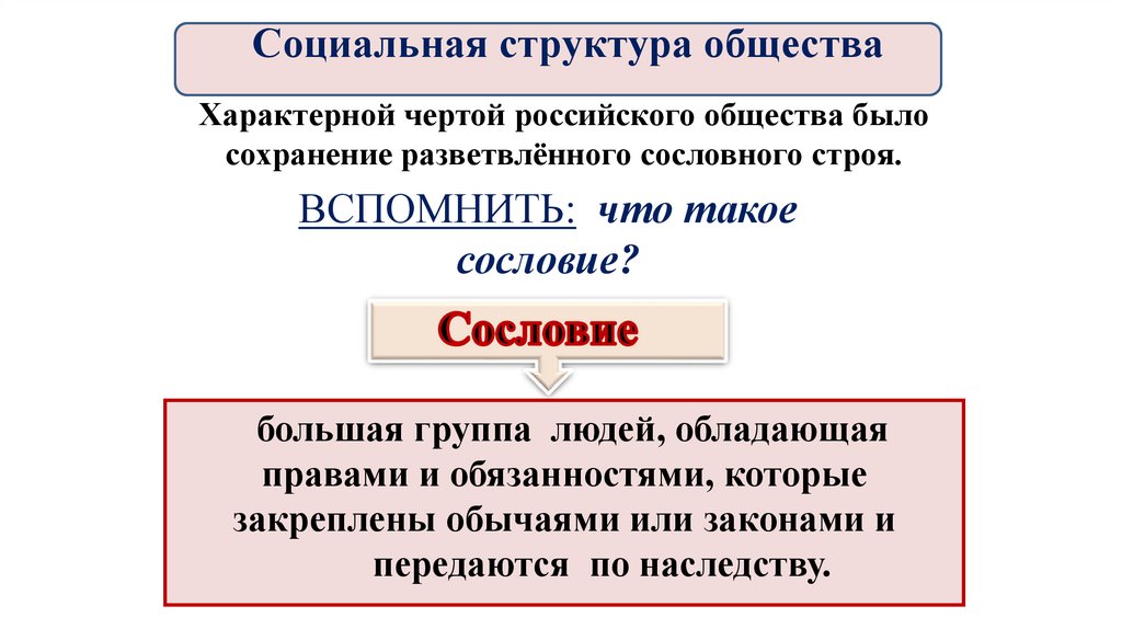 Характерной чертой российского общества было сохранение разветвлённого сословного строя.