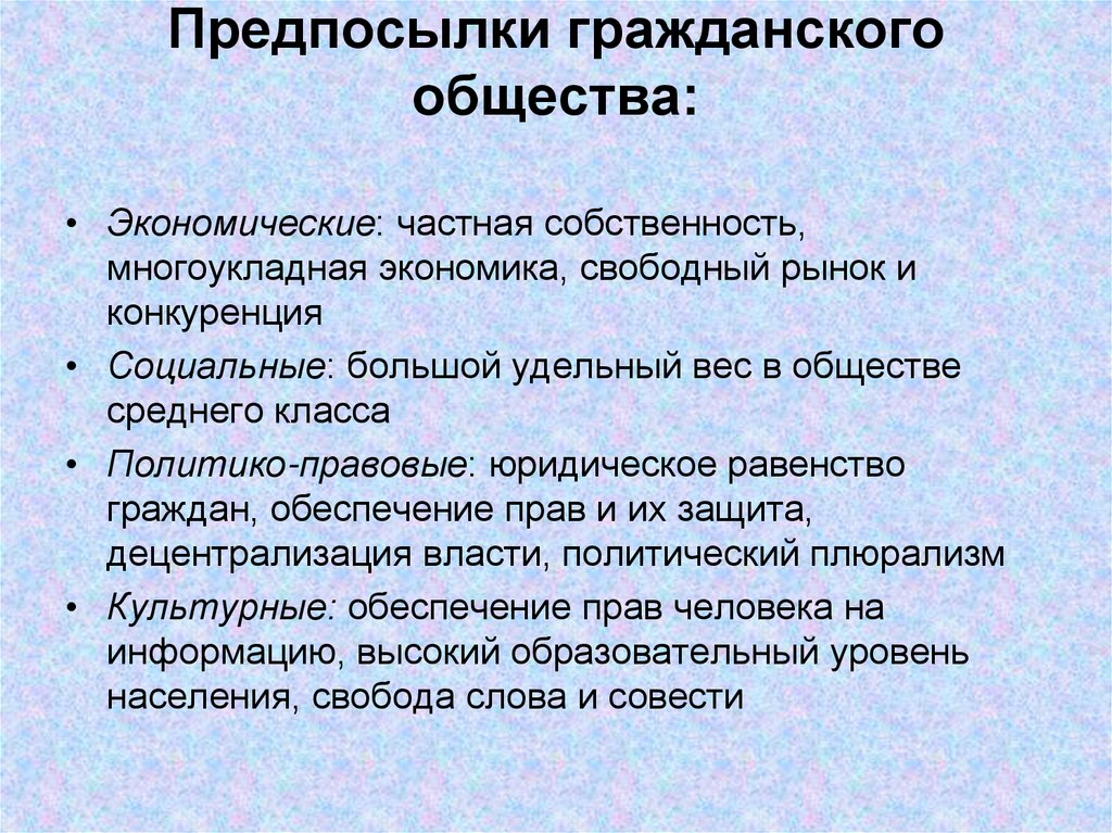 Предпосылки гражданского общества: