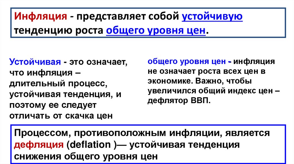 Инфляция - представляет собой устойчивую тенденцию роста общего уровня цен.