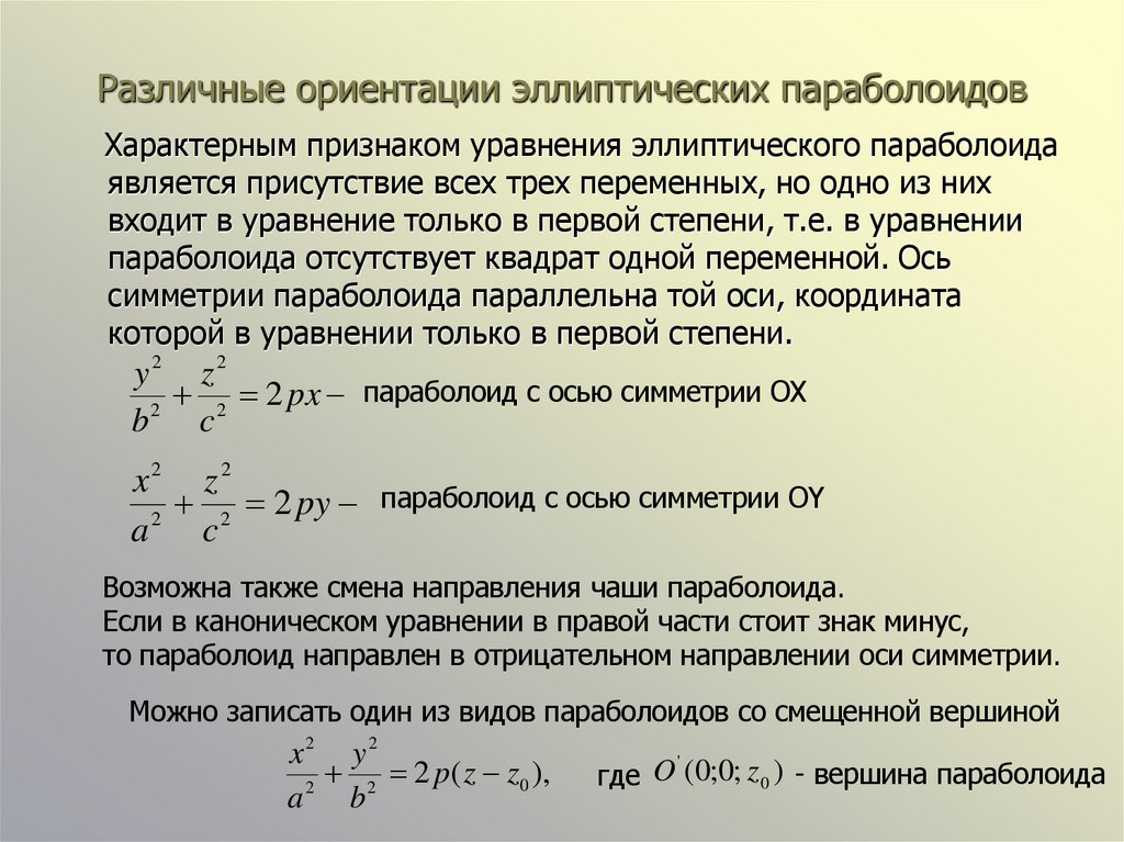 Различные ориентации эллиптических параболоидов