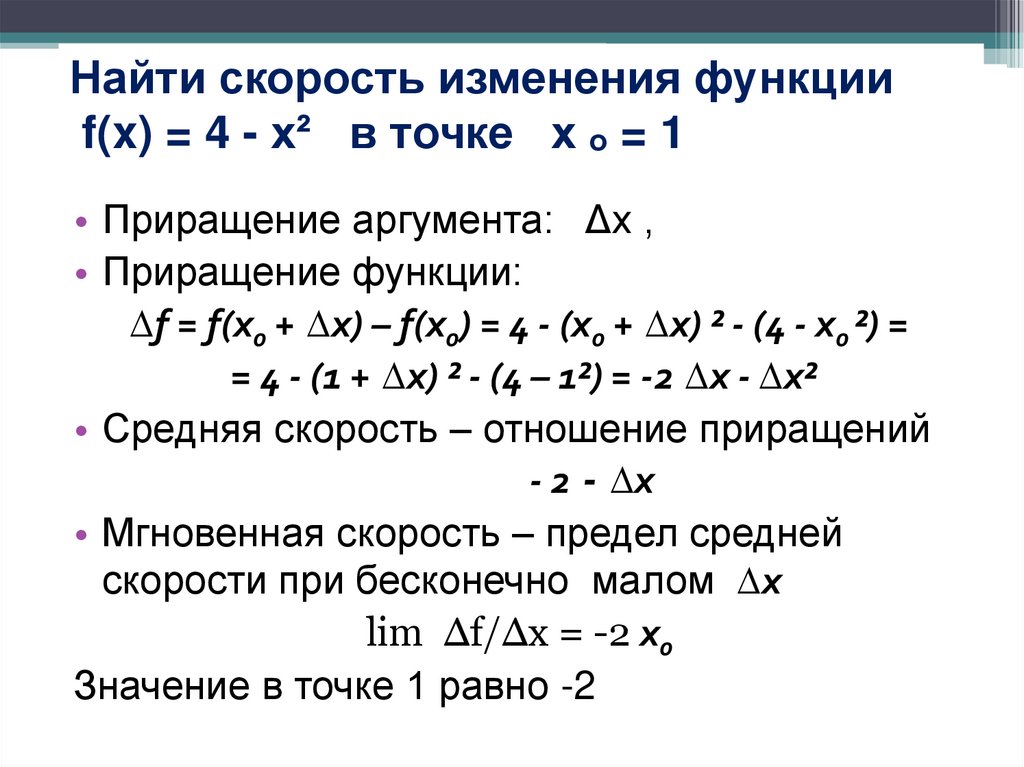 Найти скорость изменения функции f(x) = 4 - x² в точке х ₒ = 1