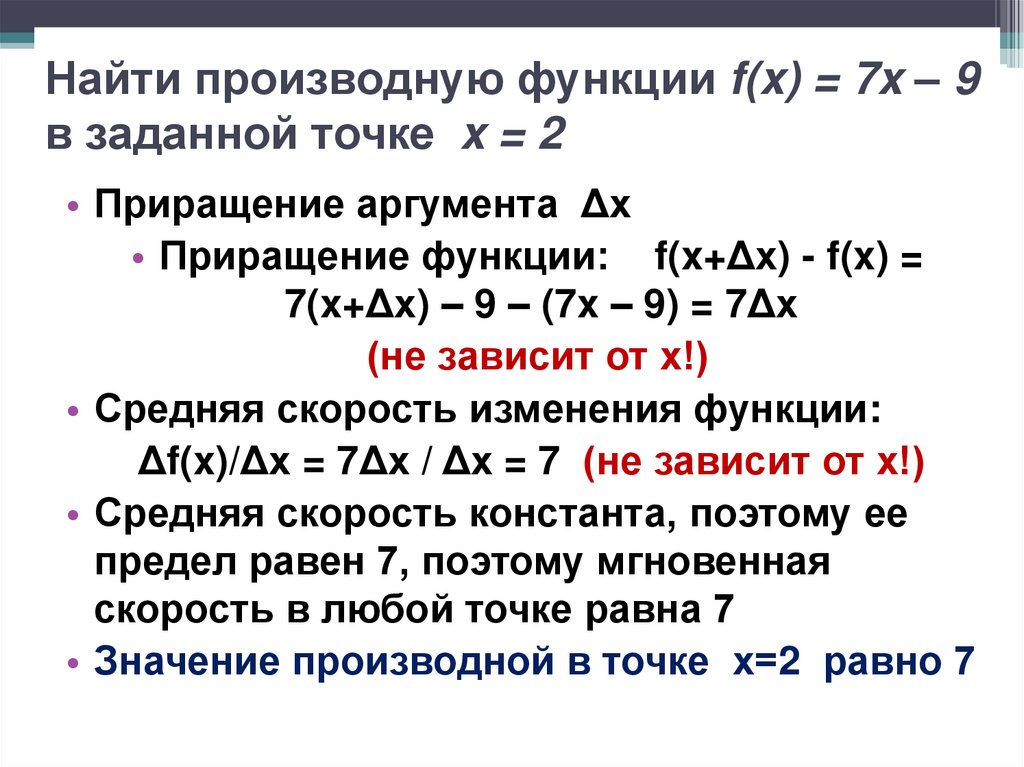 Найти производную функции f(x) = 7x – 9 в заданной точке x = 2