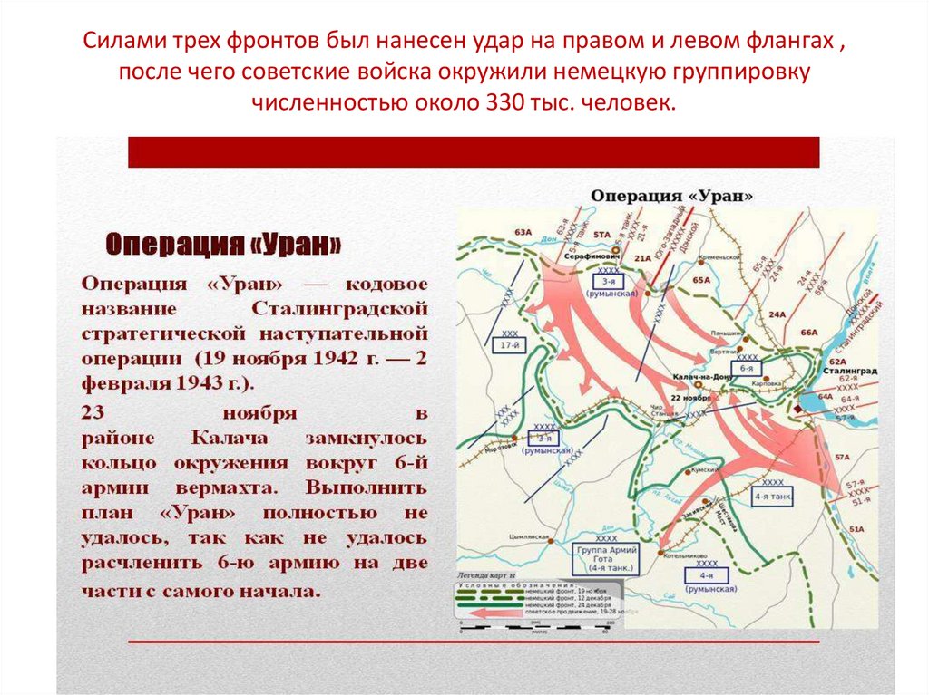 Силами трех фронтов был нанесен удар на правом и левом флангах , после чего советские войска окружили немецкую группировку