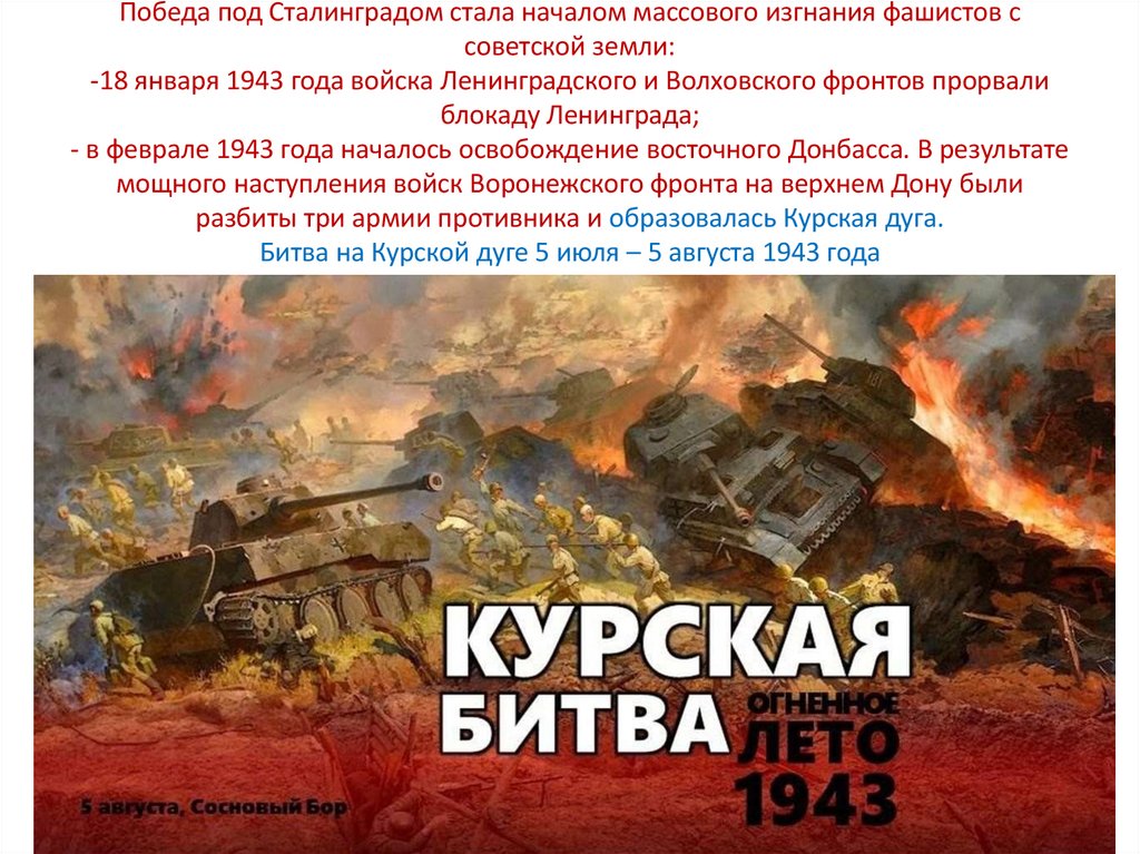 Победа под Сталинградом стала началом массового изгнания фашистов с советской земли: -18 января 1943 года войска Ленинградского