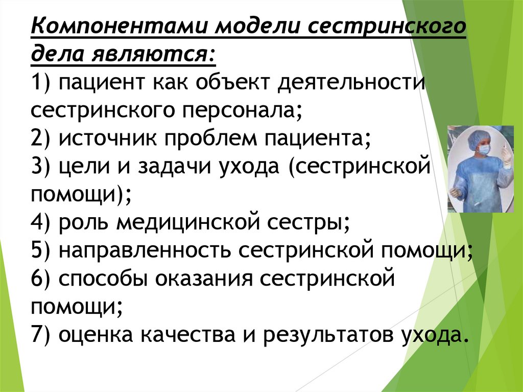 Компонентами модели сестринского дела являются: 1) пациент как объект деятельности сестринского персонала; 2) источник проблем