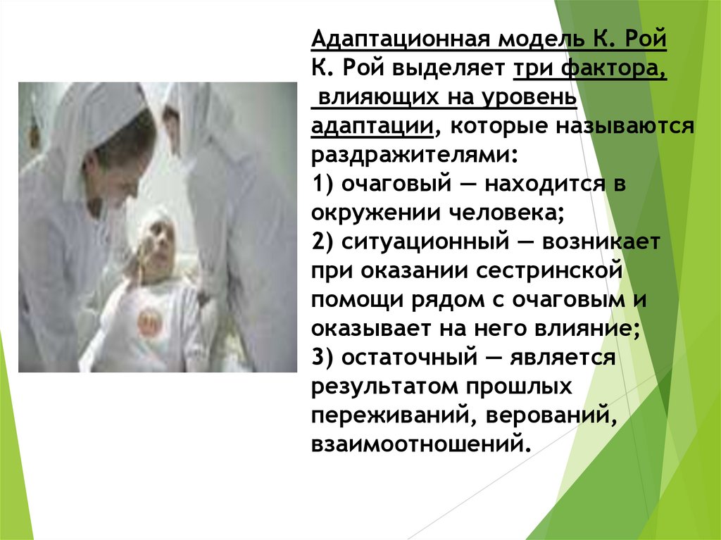 Адаптационная модель К. Рой К. Рой выделяет три фактора, влияющих на уровень адаптации, которые называются раздражителями: 1)