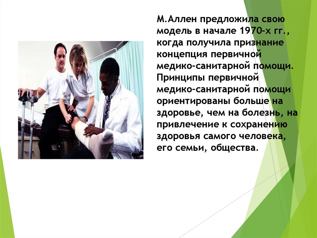 М.Аллен предложила свою модель в начале 1970-х гг., когда получила признание концепция первичной медико-санитарной помощи.