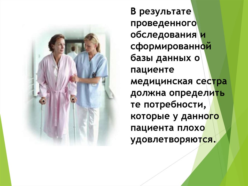 В результате проведенного обследования и сформированной базы данных о пациенте медицинская сестра должна определить те