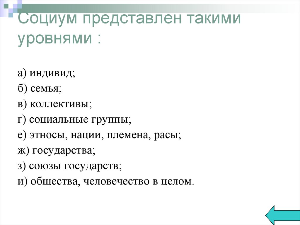 Социум представлен такими уровнями :