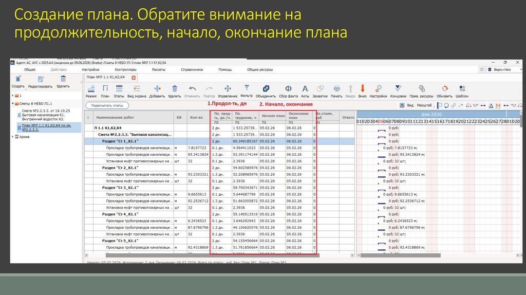 Создание плана. Обратите внимание на продолжительность, начало, окончание плана