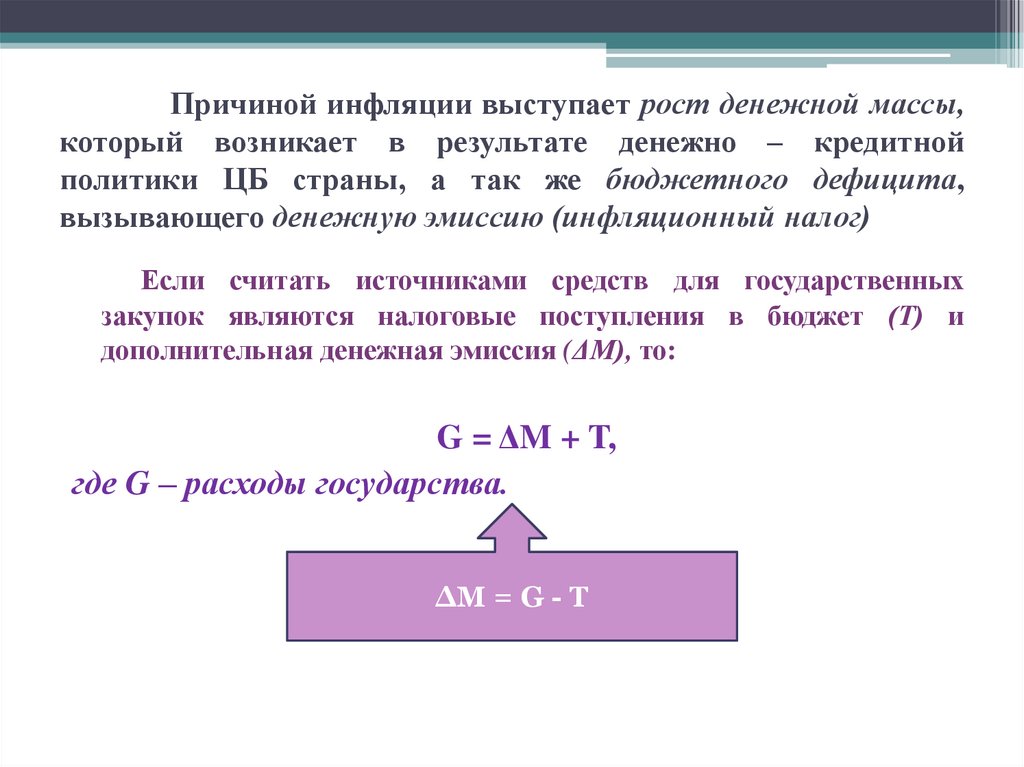 Причиной инфляции выступает рост денежной массы, который возникает в результате денежно – кредитной политики ЦБ страны, а так