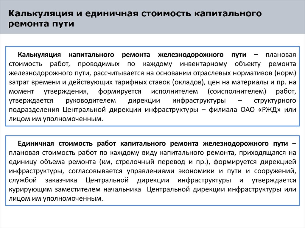 Калькуляция и единичная стоимость капитального ремонта пути