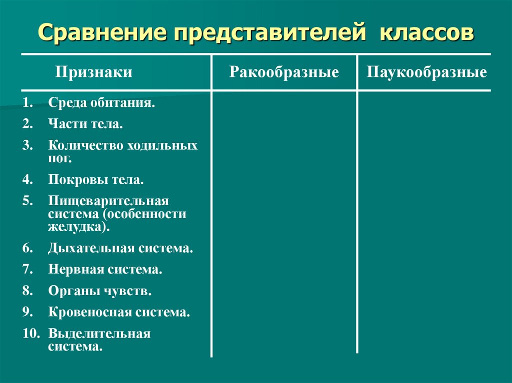 Сравнение представителей классов