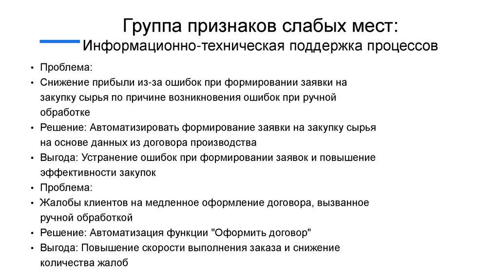 Группа признаков слабых мест: Информационно-техническая поддержка процессов