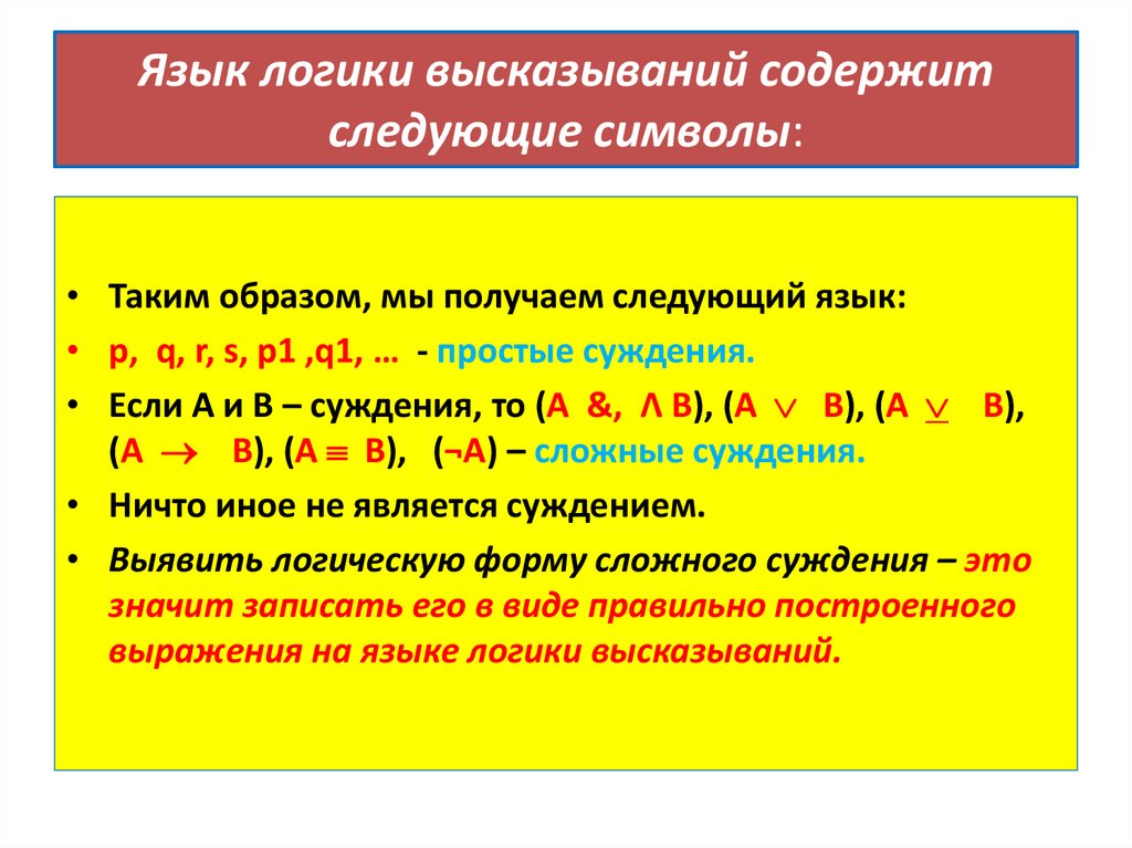 Язык логики высказываний содержит следующие символы: