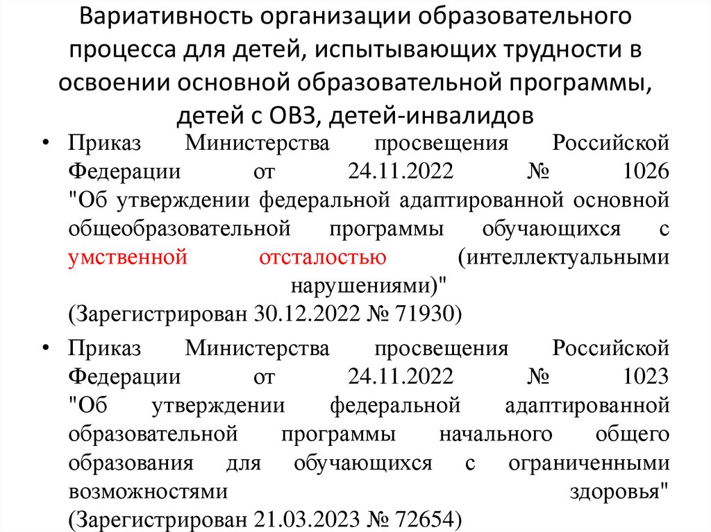 Вариативность организации образовательного процесса для детей, испытывающих трудности в освоении основной образовательной