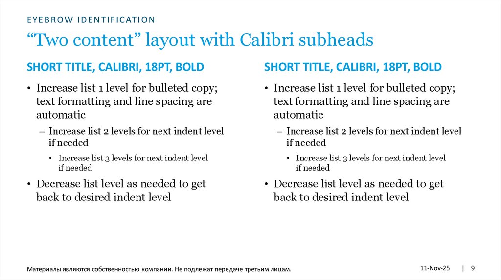 “Two content” layout with Calibri subheads