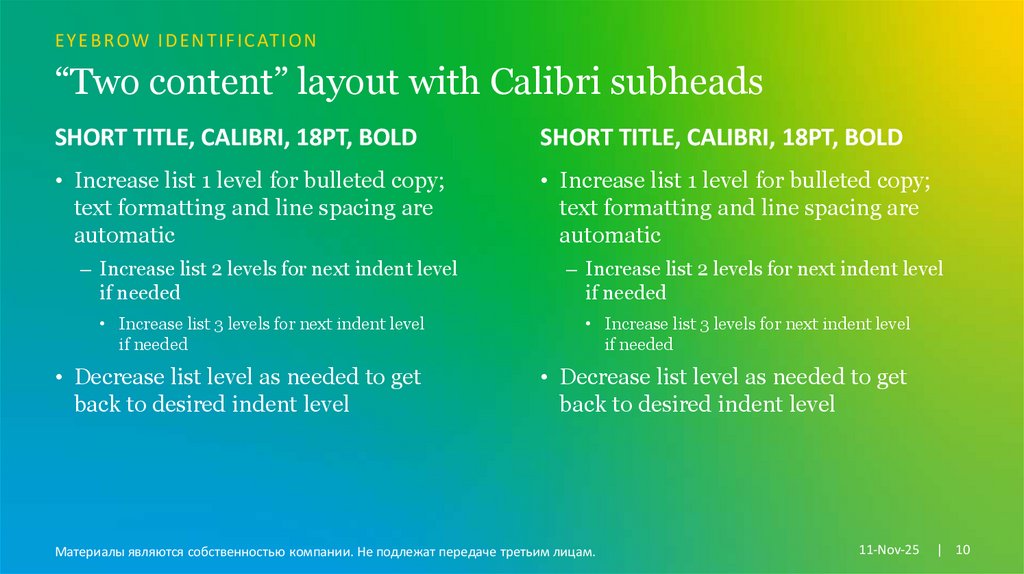 “Two content” layout with Calibri subheads