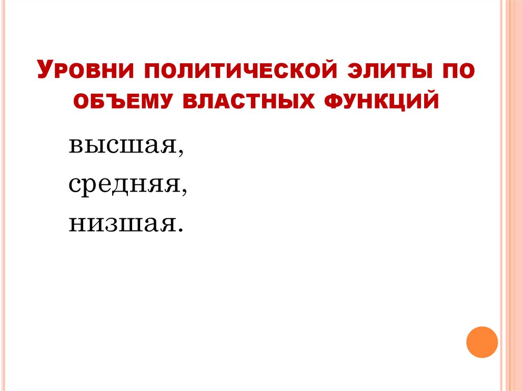 Уровни политической элиты по объему властных функций